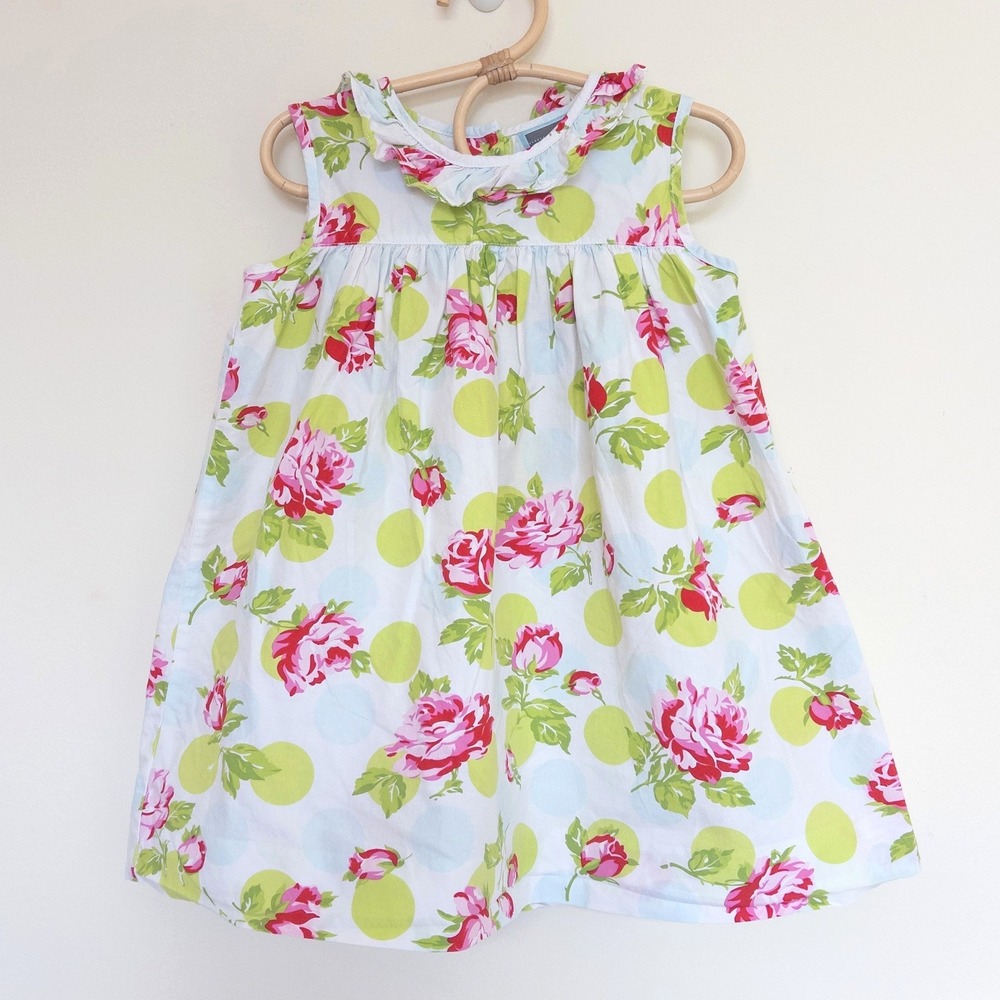 Honesty Girls Dress White Pink Green Floral Polka Dot Ruffle Collar Kids 4T